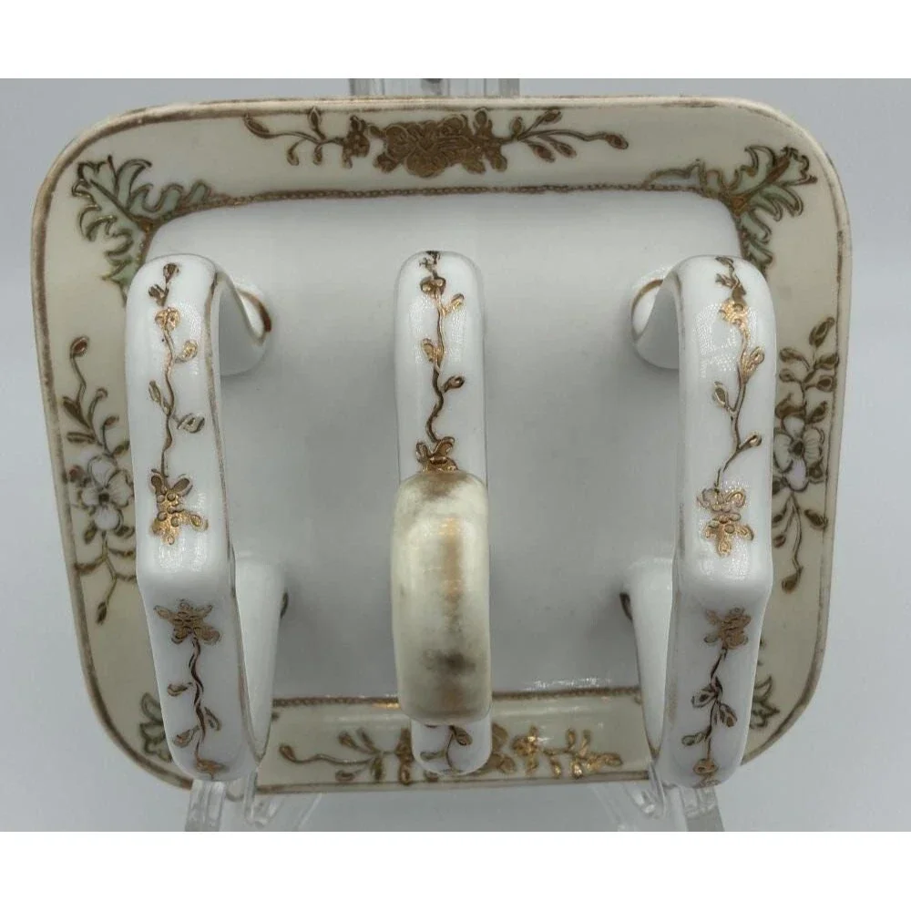 Antique Nippon Hand Painted Toast Rack Holder White Gold Flower Bead Trim 5 in